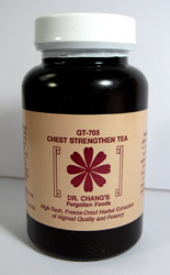 Chinese Herbal Formula Chronic TB, Asthma, Emphysema, Lung cancer, Chronic lung problems, Over-perspiration, Shortness of breath, Heart and spleen pancreas dysfunctions including hypoglycemia, Lung recovery, Fungus. Chest Strengthen Combination from Dr. Chang Forgotten Foods contains Astragalus, Ginseng, Atractylodes, Tang Kuei, Bupleurum, Ginger, Jujube, Citrus, Licorice, Cimicifuga.