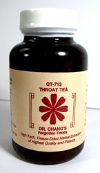 Chinese Herbal Formula Increased throat function, Voice clarification. Throat Combination from Dr. Chang Forgotten Foods contains Ginseng, Atractylodes, Poria, Zizyphus, Longan, Astragalus, Tang Kuei, Polygala, Licorice, Saussurea, Jujube, Ginger.