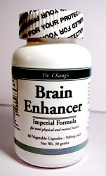 Chinese Herbal Formula Energize brain, Promote learning, Relieve stress tension fatigue, Retard aging, Improve skin condition and complexion, Improve sexual drive ability, Increase oxygen flow to blood cells brain Brain Enhancer from Dr. Chang Forgotten Foods contains Trichosanthes, Tribulus, Magnolia, Zizypyus, Sophora, Dogwood, Ginseng, Ginko, Angellica, Cloves, Licorice, Mint.